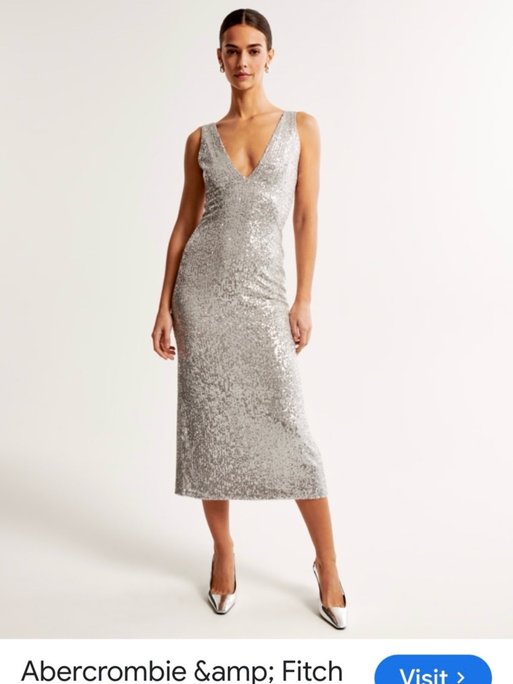 Abercrombie & Fitch Silver Sequin V-Neck Midi  Dress